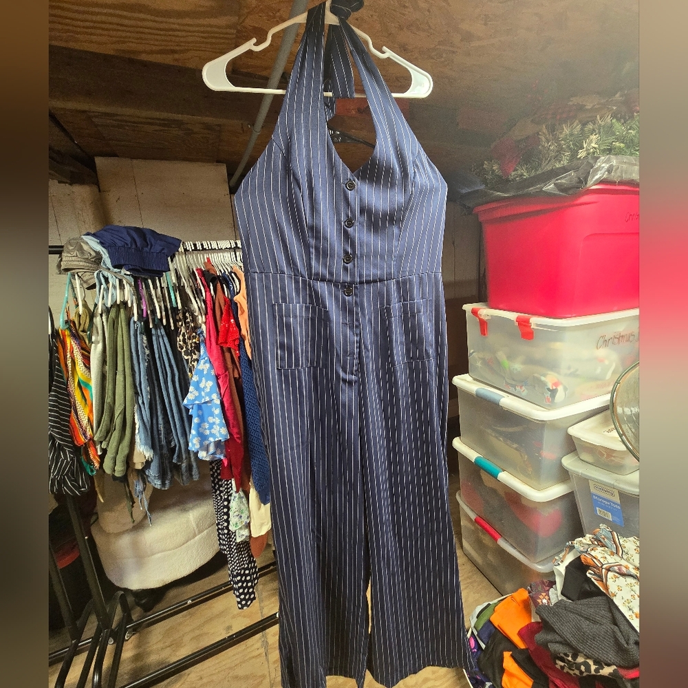 SHEIN Navy Pinstripe Halter Jumpsuit